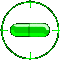 A 4x4 contact sheet of green capsule-shaped objects in various orientations within circular frames, displayed on a gray background with crosshair markers.