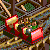 Pixelated static image shows two red and yellow rollercoaster cars on a track with green foliage background.