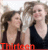 Two side-by-side frames of a pixelated animated icon showing two women in black tops with brown hair, one holding a white object near the other's face, and red text at the bottom reading "Thirteen".