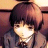 Pixelated anime-style character with brown hair and dark clothing against a warm-toned background, next to black with white text