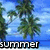 Pixelated beach scene with palm trees, blue sky, and ocean; text 'summer' appears in bottom-left corner.