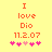 Yellow background with orange text reading "I love Dio 11.2.07" and five pink heart symbols below, two versions of the same design side-by-side.