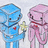 Two pixelated cartoon characters stand side-by-side; the left character is blue with a red heart on its chest and holds a yellow star, while the right character is pink.