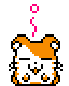 Pixel art hamster character with orange and white fur, pink question marks above head, in multiple poses including winking, smiling, and hunched over.