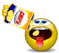 Animated yellow emoji face with blue eyes and red tongue eating from a yellow and blue snack bag with red text.