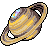 Pixelated planet with rings, brown and yellow striped surface, and a small blue-purple spot on the upper left.
