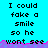 Pixelated text on cyan background with purple and pink glitch effects, repeating 'I could fake a smile so he wont see' across three