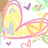 Pixelated yellow and pink object with curved lines, surrounded by small purple hearts and green shapes on white background.