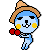 Pixel art character with blue body, yellow cheeks, and brown hat in four poses: boxing stance, standing, head-down pose with red horns, holding a mug.