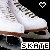 White ice skates with brown laces and blades, displayed in a of six against black background; each contains the word 'SKATE' below the skates