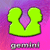 A 50x50 pixel animated buddy icon featuring a bright green Gemini zodiac symbol on a pink-to-purple gradient background, with two frames showing text changes from "gemini" to "JOVIAL" below the symbol.