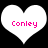 Two white heart shapes with pink text reading 'Conley' on a black background, each heart displaying identical pixelated text.