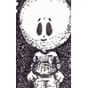 A black-and-white cartoon character with a round head and large eyes displays five distinct facial expressions