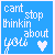 Blue background with white pixelated text reading 'cant stop thinkin about you' and a heart symbol, transitioning to 'cant stop thinkin about mike'.