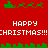 Red background with green pixelated reindeer and sleighs, white text reading "HAPPY CHRISTMAS!!!" repeated twice.