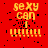 Red background with yellow text 'sexy can I' and a of exclamation marks, showing pixelated noise in some areas