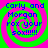 Four identical pixelated display blue text over a green and pink spiral background with no visible animation changes