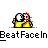 Pixelated animation of two figures in yellow shirts kissing with red splatter effects, repeated across three with text "BeatFaceIn" below each