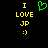Yellow text 'I LOVE JP :)' on black background with green pixelated heart above the text in one view, identical static version below.