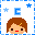 Pixelated cartoon character with brown hair and red lips, surrounded by blue stars and a blue 'C' symbol on a white background.