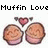 Two side-by-side pixelated images of muffins with a heart symbol above them, labeled "Muffin Love" and "How Romantic".