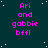 Dark teal background with white star-like dots, repeated text in bright pink pixelated font reading "Ari and gabbie bffl" arranged in a pattern