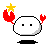 Pixelated white circular head with black square eyes and a small black base, red flame-like shapes on sides, yellow star above left side.