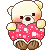 Pixelated teddy bear with light beige fur holds a red heart-shaped object, brown feet visible beneath.