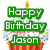 Green text 'Happy Birthday Jason' on a cupcake with colorful sprinkles, set against red background with white snowflakes and Christmas tree.