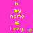 Yellow pixelated text on bright pink background reads "hi my name is lizzy." with green symbols changing across frames.