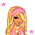 Pixel art contact sheet showing multiple frames of a blonde character in pink and white attire with "baby gurl" text, surrounded by pink stars on a transparent background.