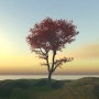 Static 90x90 pixel icon showing a single tree with red foliage against a sunset sky over water, rendered in low-resolution pixel art style.