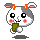 Pixelated hamster-like character with gray and white fur, orange flower hair clips, pink cheeks, holding a green object against light gray background.