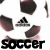 Animated soccer-themed icon showing a player's legs kicking a ball with the word 'SOCCER' below, featuring motion blur on limbs and ball.