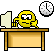 Yellow cartoon character with black eyes and mouth sits at brown desk, left hand on head, right elbow on desk, white clock above; repeated in pattern
