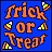 Pixelated blue square with orange text reading 'Trick or Treat' and four yellow-and-white candy corn icons on a solid background.