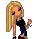 Pixelated cartoon-style icon of a blonde woman with long hair wearing black clothing and high heels, holding an object in her right hand against a gray background.