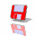 Red and pink pixelated shapes rotate and shift against a white background with a gray floor section.