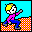 Pixelated character with yellow hair and pink shirt on checkered background, performing a skating motion across four