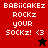 Red and black pixelated text displays 'BABiiCAKEz ROCKz your SOCKz! <3' with a star symbol changing from black to red.