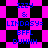 Pixelated text on a checkered background with alternating pink and black squares, featuring repeated phrases in blue.