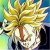 Pixelated image of a character with spiky yellow hair, brown torso, and white lower body against multicolored background.