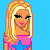 Pixel art contact sheet showing a blonde character in pink and blue outfit with text about love on bright blue background