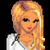 Pixelated cartoon-style character with long blonde hair, wearing white top and brown pants, standing against black background.