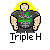 Pixel art of a person with yellow hair wearing a dark gray shirt with green text, standing against a gray background with 'Triple H' text below.