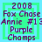 Static image with green and light blue layered squares, displaying purple text reading '2008 Fox Chase Annie #13 Purple Champs' in a pixelated font.