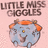 Pixelated icon with light pink background, orange and blue circular character face, yellow dot on nose, and brown text reading "LITTLE MISS GIGGLES" above.