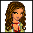 A 2x2 contact sheet of a pixel art buddy icon featuring a female character with long brown hair, red choker necklace, and green jacket over red top on the left; blue gradient background with "blue" text in top-right; black section with colorful text "Mode at IconFun .com" below