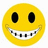 Yellow smiley face with black eyes and a wide toothed grin on white background, surrounded by yellow pixelated text on black backgrounds.