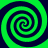 Four green and dark blue spiral patterns arranged in a symmetrical on a solid green background